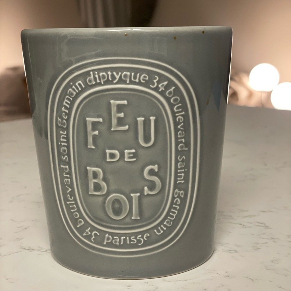 Large grey ceramic Diptyque Feu de Bois candle pot/ container
